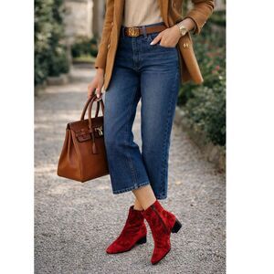 Mango Velvet Biker Booties in Burgundy 39 NWOB